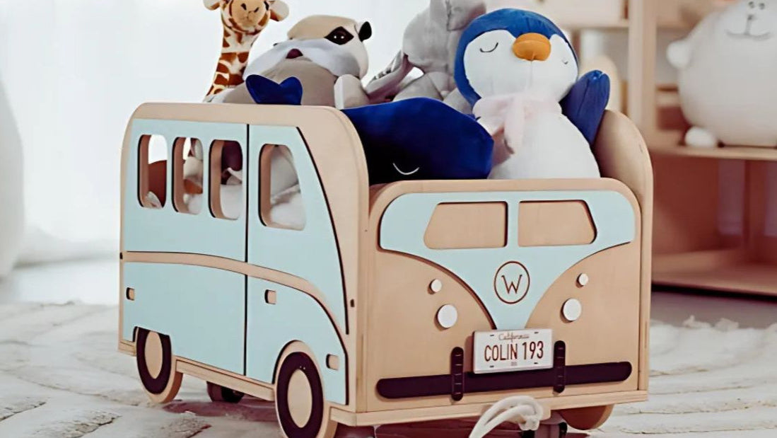 Blue pull-along wagon filled with plush toys for organized play