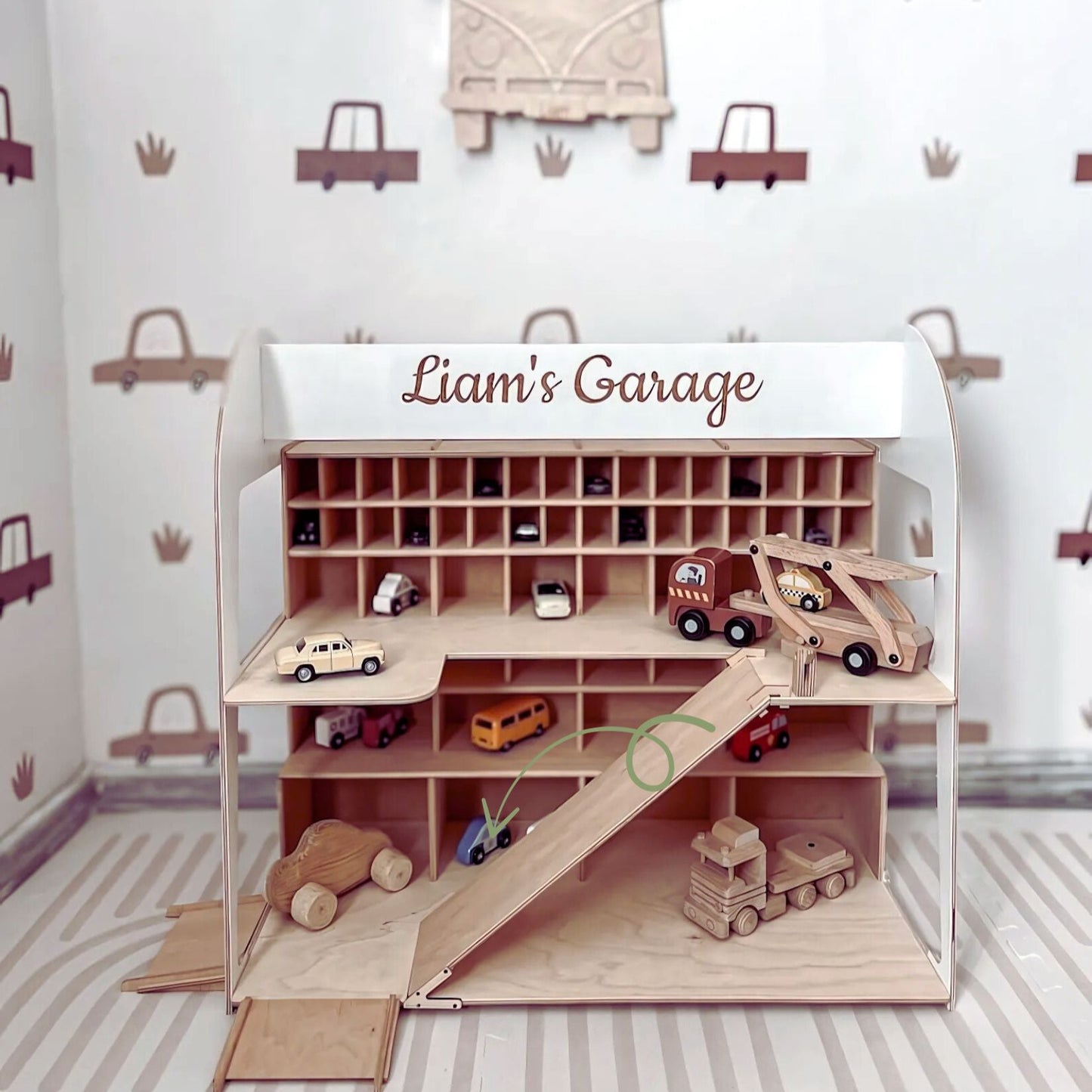 Handcrafted eco-friendly car ramp garage made for Hot Wheels and Montessori play