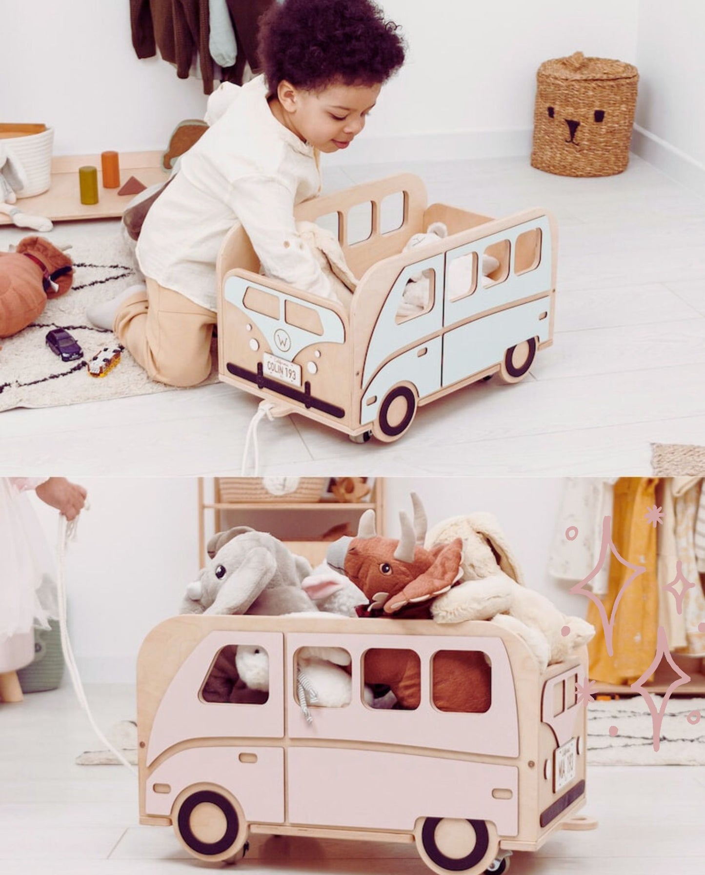 Toddler playing independently with Montessori pull-along toy wagon