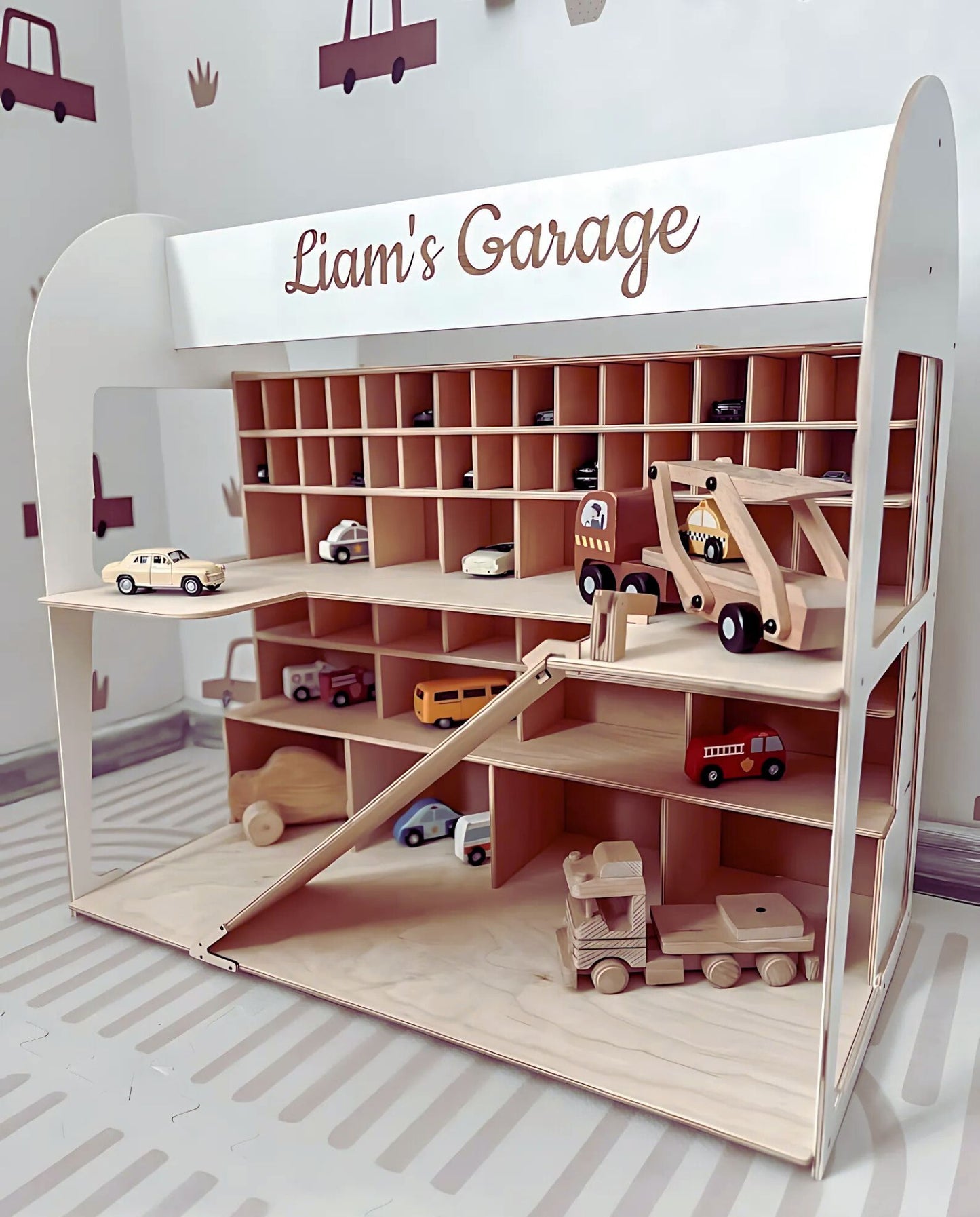 Functional and aesthetic toy storage rack with personalized engraving options