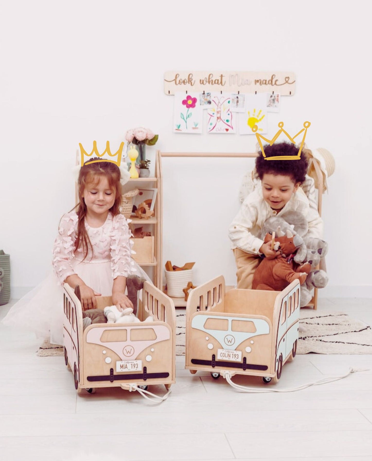 Children pulling personalized eco-friendly wagons for indoor play