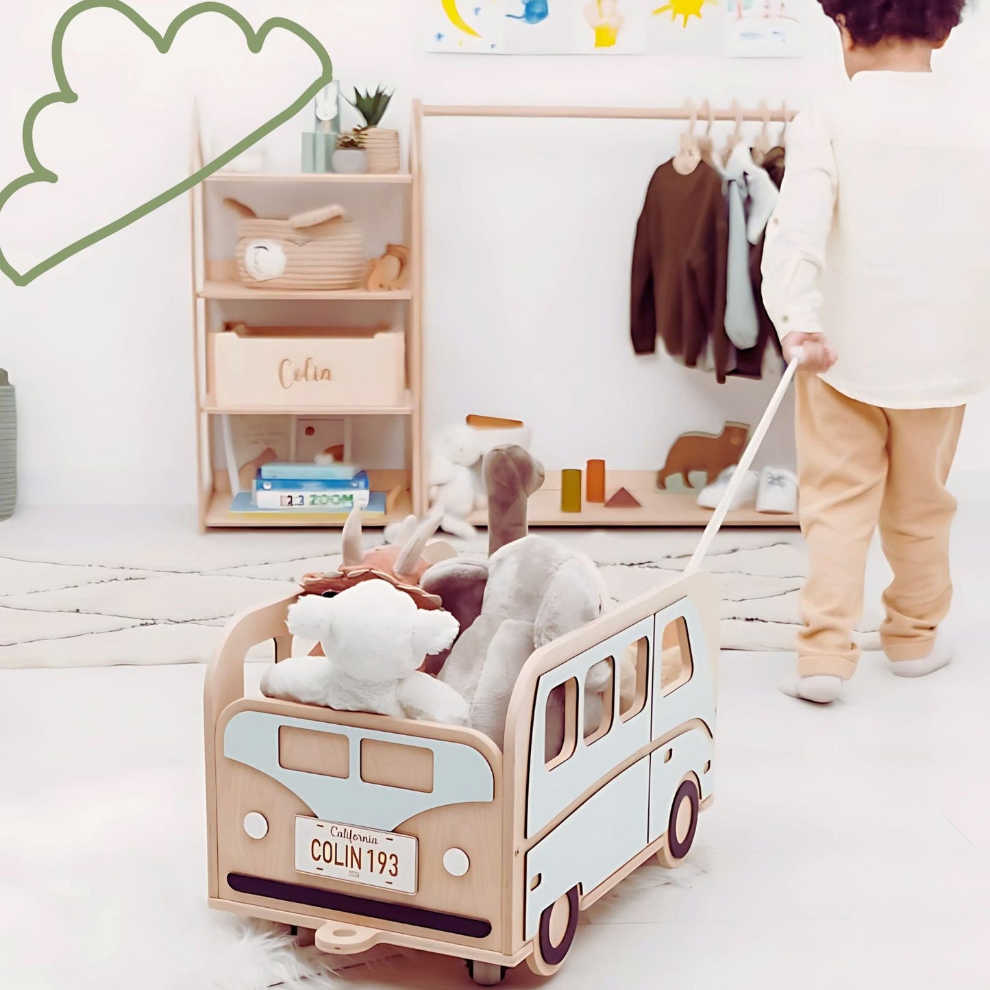Toddler using handmade wooden pull wagon with soft handles