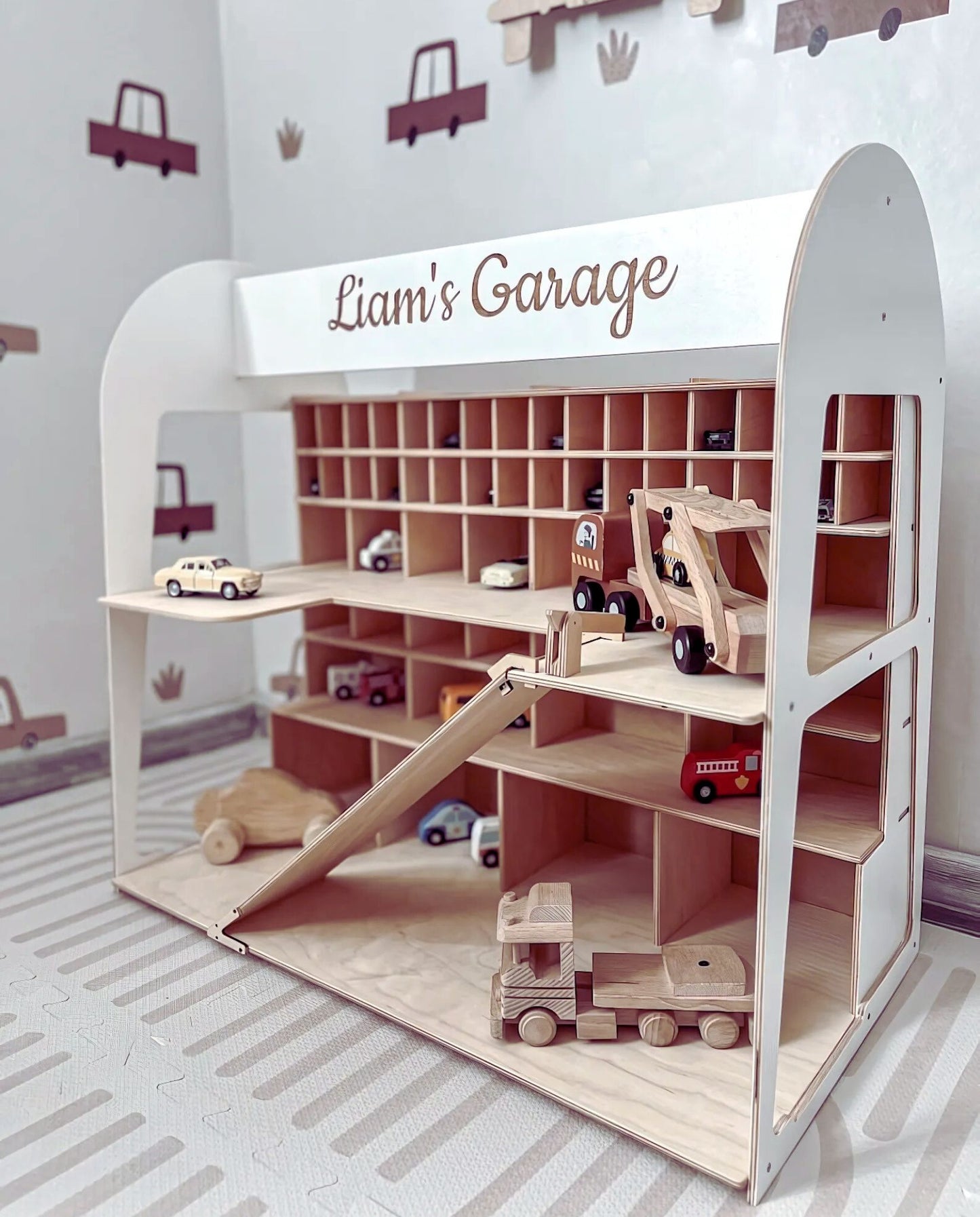 Custom wooden ramp-style garage for die-cast cars like Matchbox and Hot Wheels