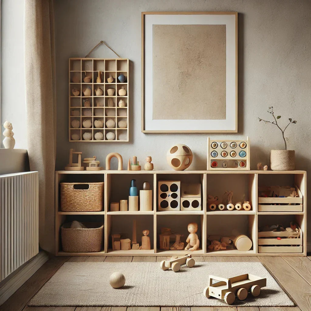 Organized Montessori-inspired play corner with open wooden storage