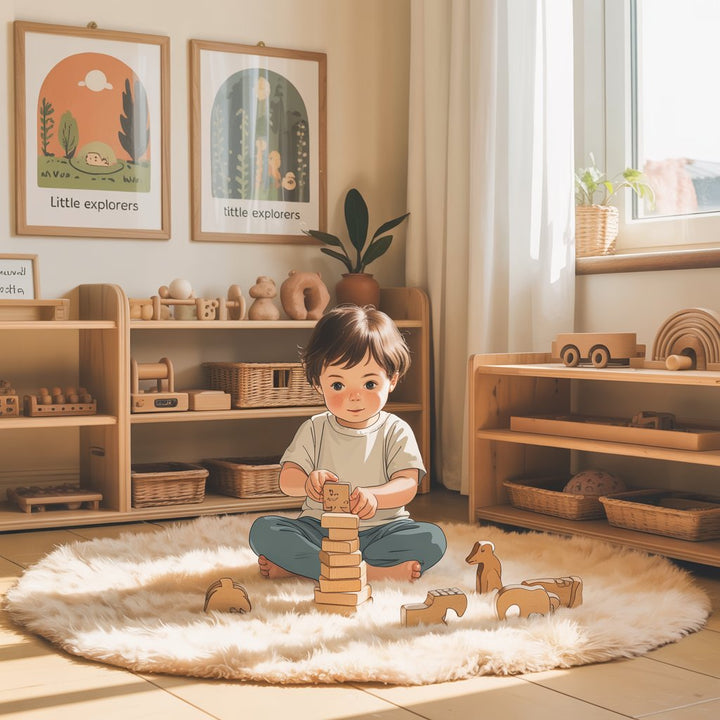 Montessori play area with wooden shelves and child-friendly toys