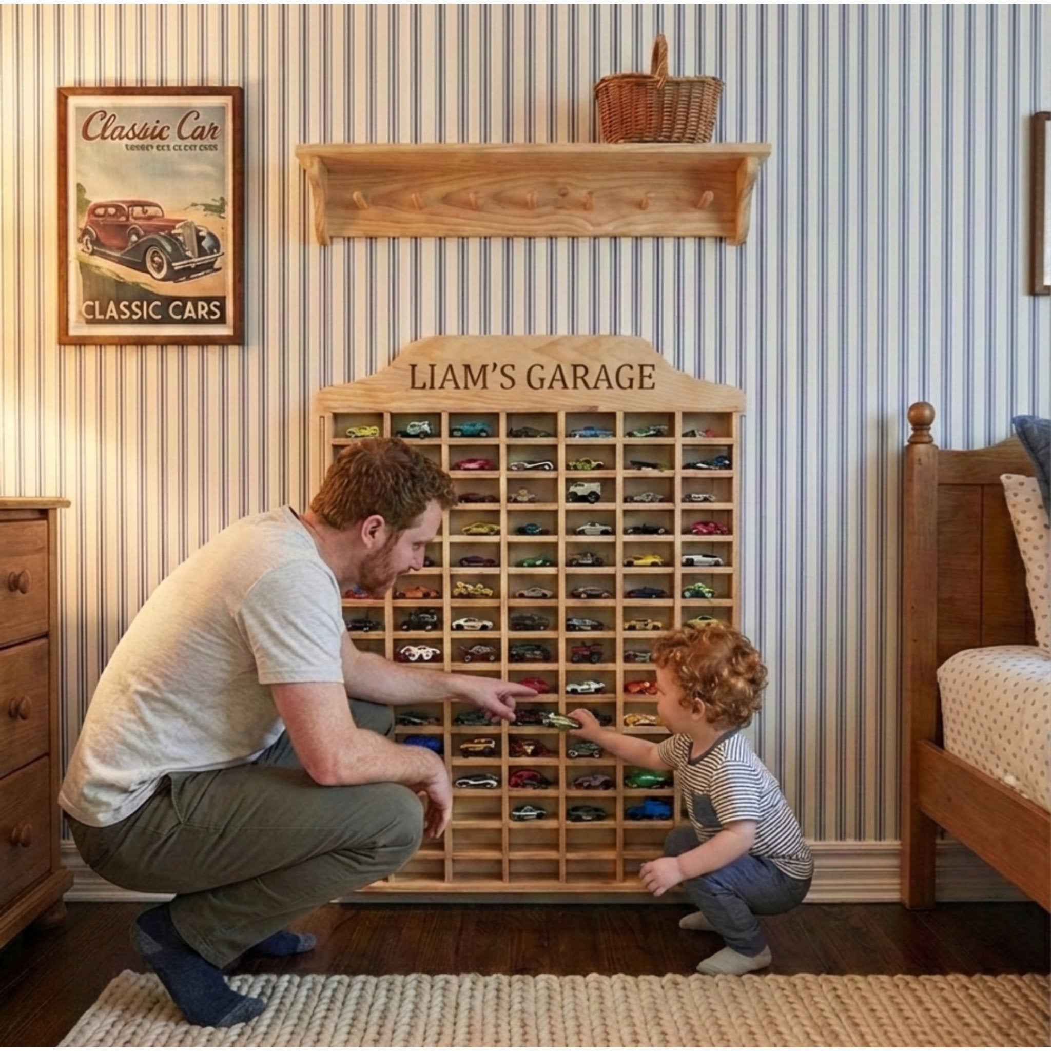 Man and child looking at toy car collection in a wooden display case labeled 'Liam's Garage'.