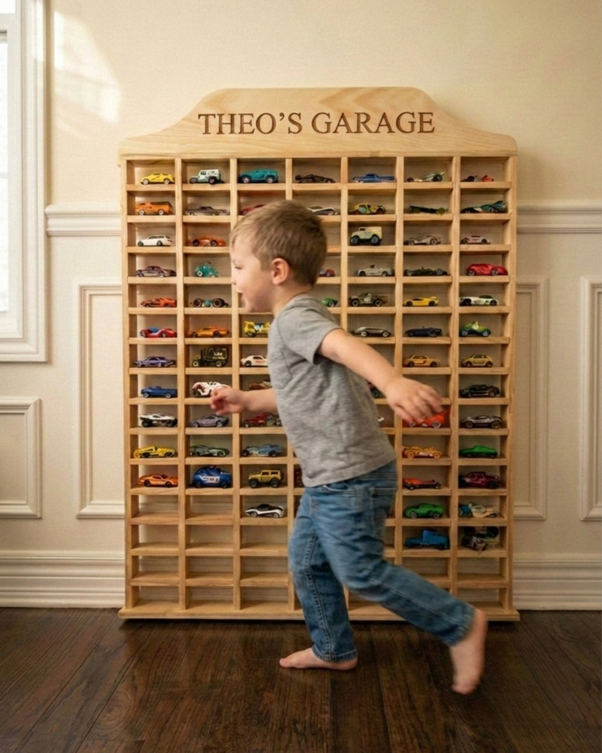 Wooden toy car storage in a playroom