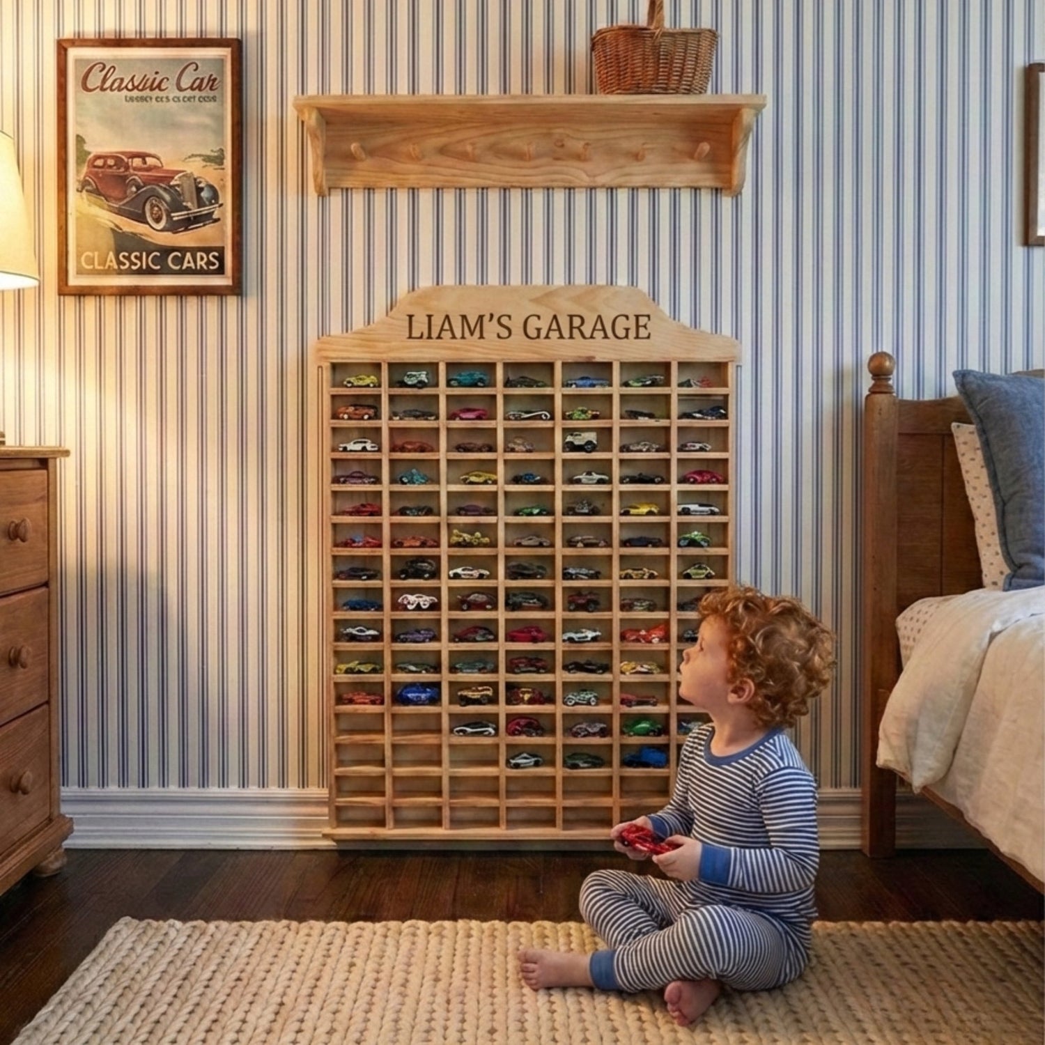 Child playing with toy car collection in a room with striped wallpaper and wooden shelves.