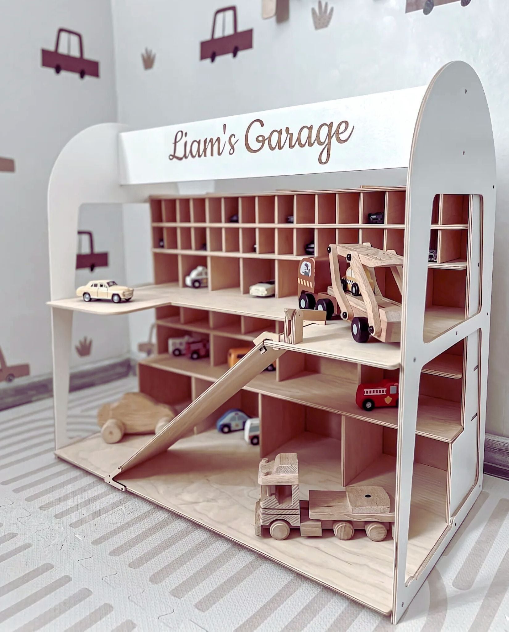 Child-friendly wooden ramp-style toy display for fostering independent play
