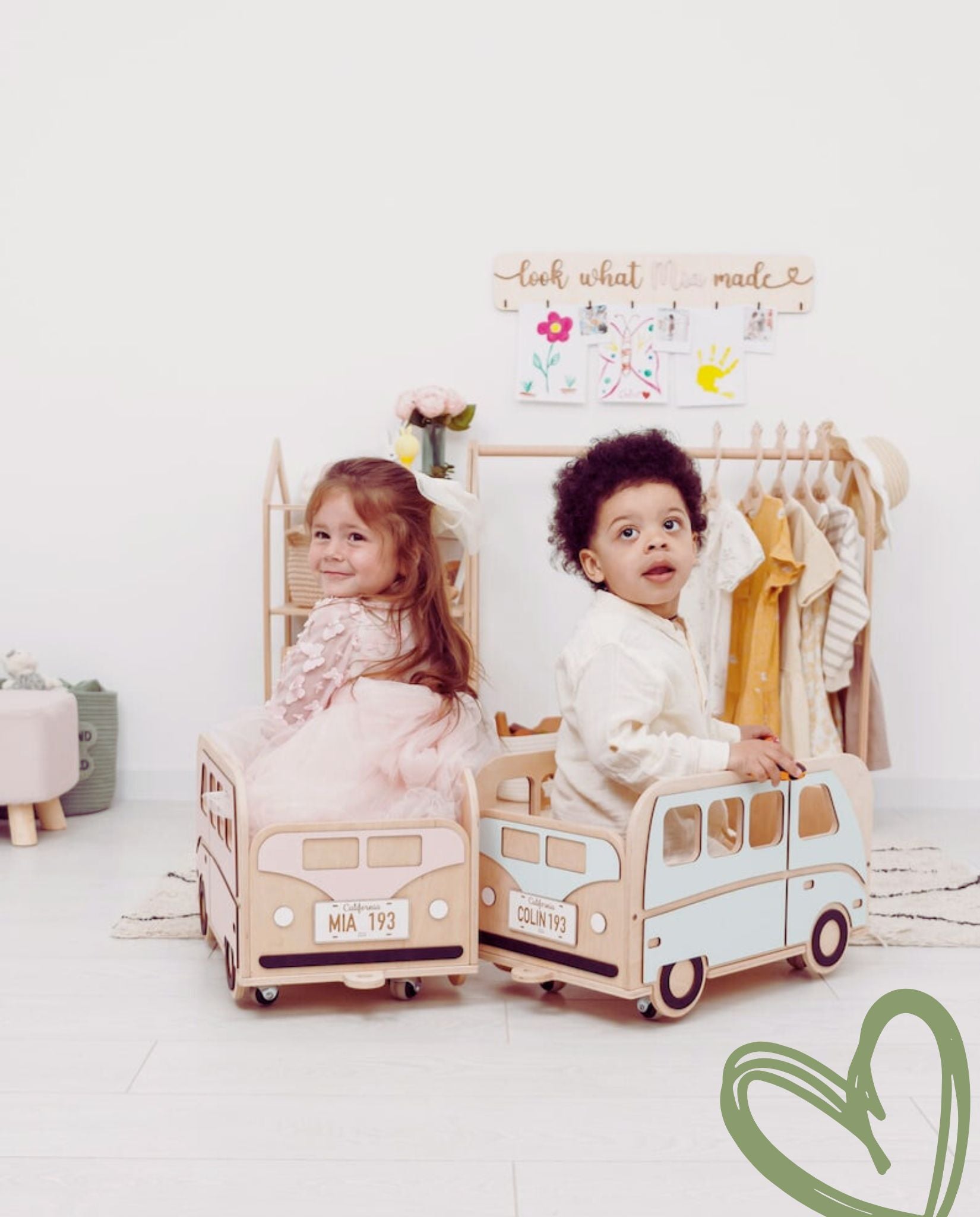 Children enjoying movement and play with handmade wooden pull wagon
