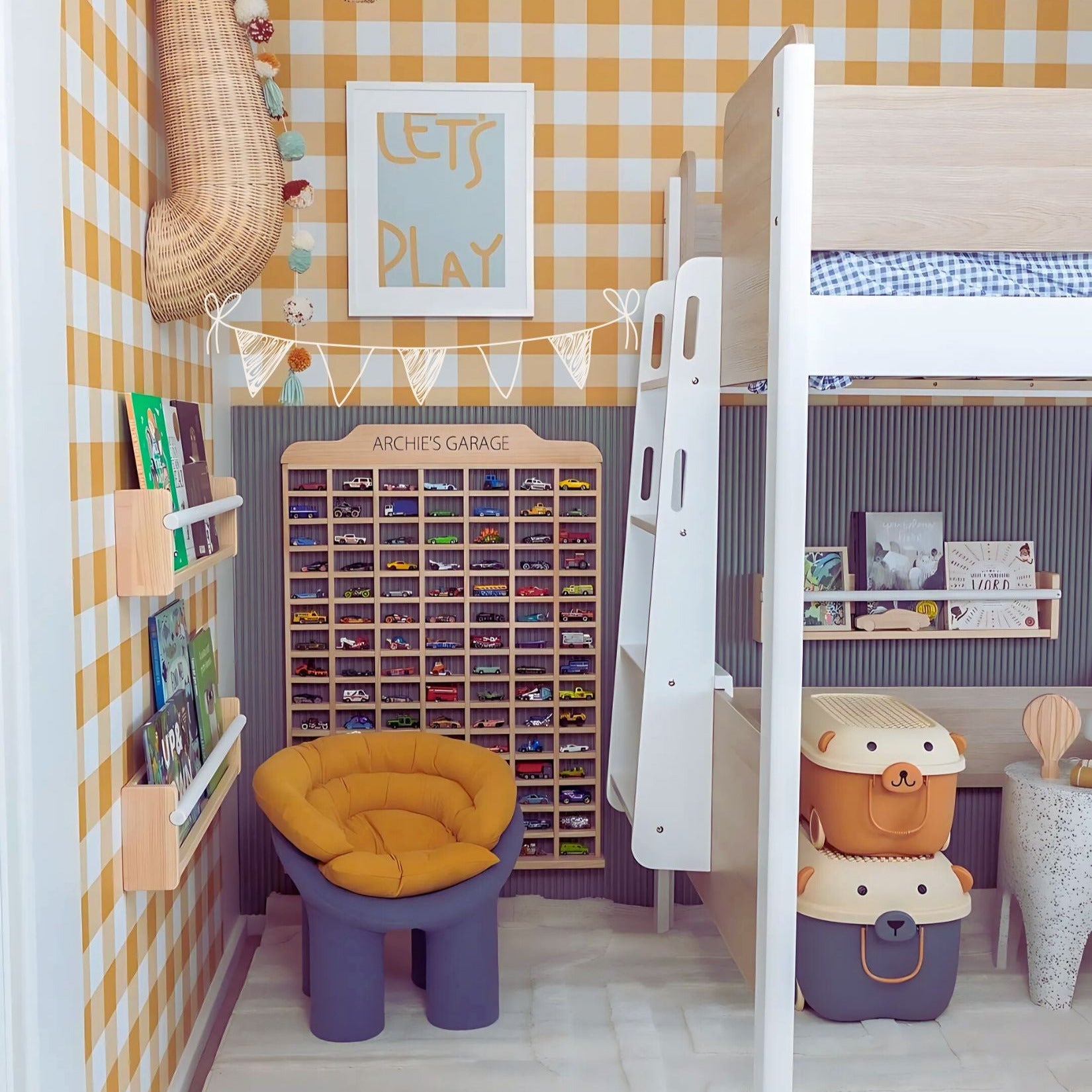 Large Montessori wooden hot wheels display rack in a playroom with bunk bed and toy storage