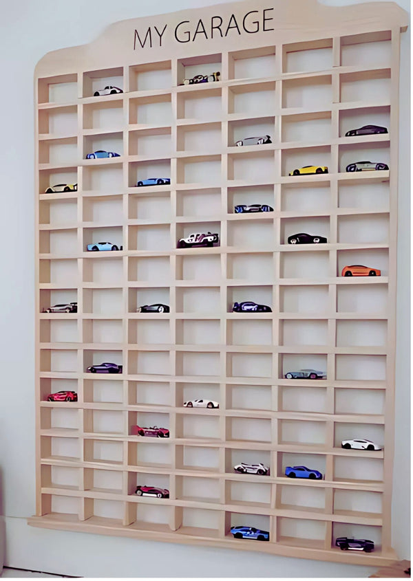 Large personalized wooden toy car display shelf for Hot Wheels collections
